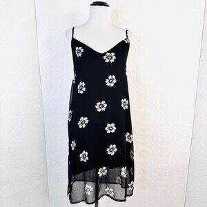 Kendall & Kylie Dress sz Small Black  Chiffon White Flower Sun Sleeveless Lined